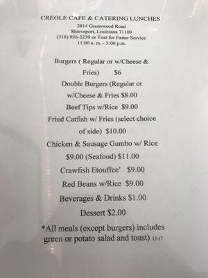 Creole Cafe lunch menu.