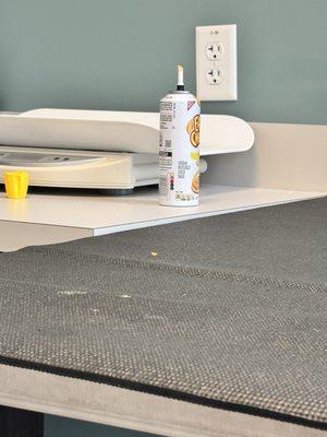 Cheese spray on a yoga mat to distract the doggie! Genius!! Plus the yoga mat makes the table NOT slippery and cold!