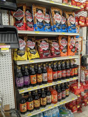 Old timey looking sodas and snacks on one of the walls.