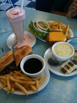 french dip, broccoli cheese soup, old fashion buger