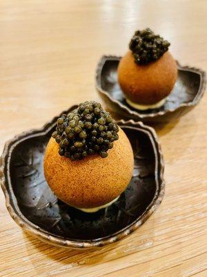 Honey Doughnut, Bourbon Banana Pudding topped with Royal White Sturgeon Caviar