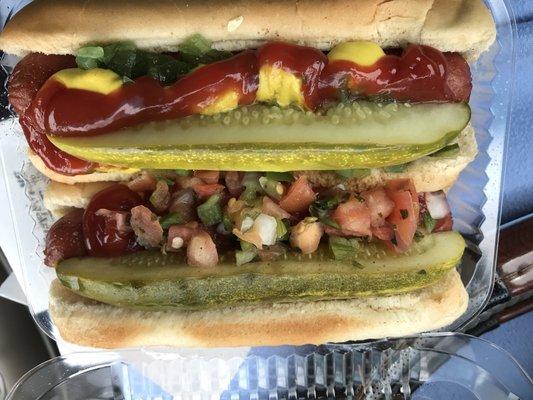 Chicago all-beef hotdogs with accoutrements 2/$3.