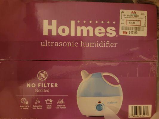 Holmes ultrasonic humidifier for $17.99