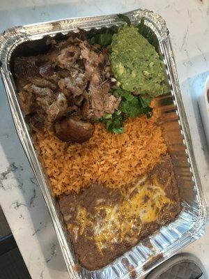 Carnitas plate Togo. Large portions, moist carnitas! Enough for 2 servings.