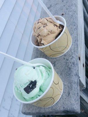 Mint chocolate chip & Heath bar coffee single scoop ice creams.