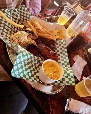 BBQ plate w/pork ribs, small sides: cole slaw, mac n cheese and french fries, budlight beer