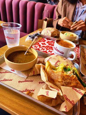 Meal for two, vegetarian torta and lentil soup