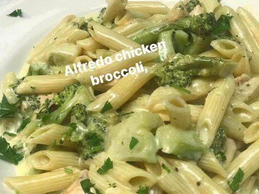 Chicken broccoli Alfredo available individual, 1/2 tray,full tray call