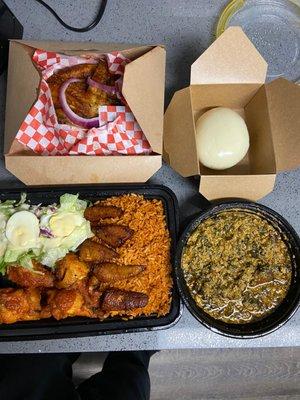 Eguisi nd fufu. House wings , jollof rice and chicken combo .