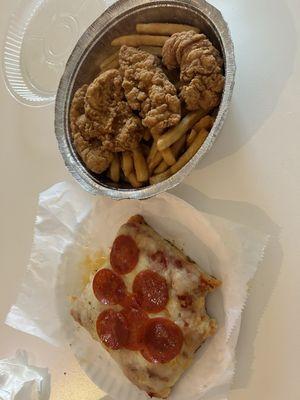 Chicken tenders and fries special with free soda, and a pepperoni sicilian slice