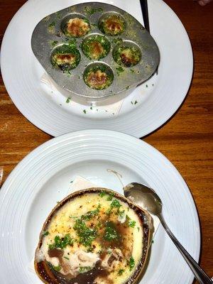 Onion soup and escargot. Both delicious!