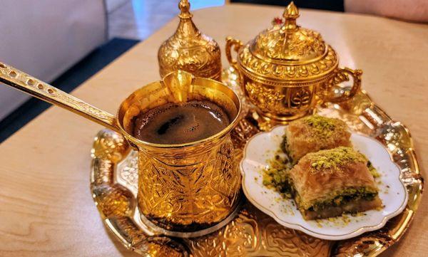 Turkish Coffee $4.99 & 2 pistachio baklava, $2.50 each (7/19/24)