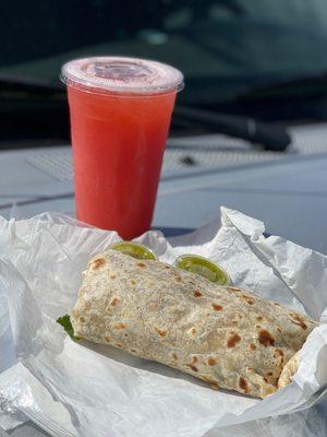 Carne Asada Burrito and Strawberry Agua Fresca.