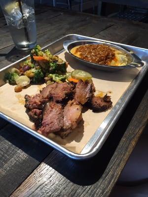 Meat & 2. Brisket, hash & grits, broccoli salad.