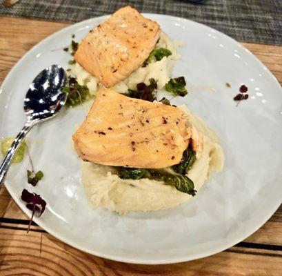 Pan Seared Salmon - garlic mashed potatoes, brussels sprouts, preserved lemon beurre blanc