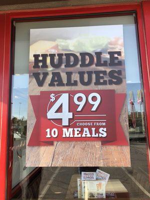 Want a good, hot meal fast and inexpensive?  Huddle in for our $4.99 meal deals now!