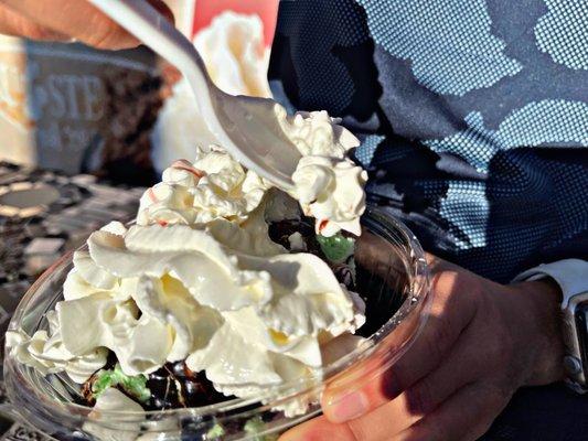 Mint chocolate sundae with marshmallows and chocolate drizzle.