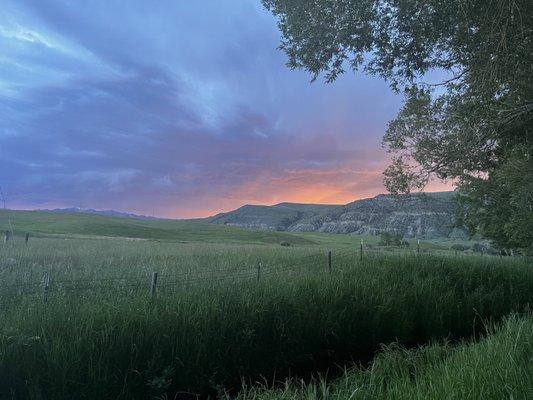 Sunset over the Absaroka Mountains looking west from the porch on the Boulder River Outpost