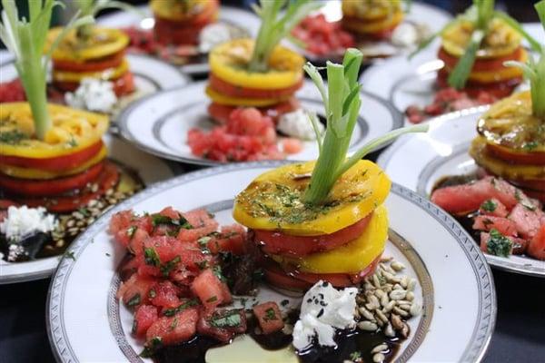 Multi-color Tomato Watermelon Tower with sea salt and balsamic vinegar