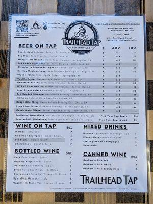 Beer list at Trailhead Tap, Bentonville