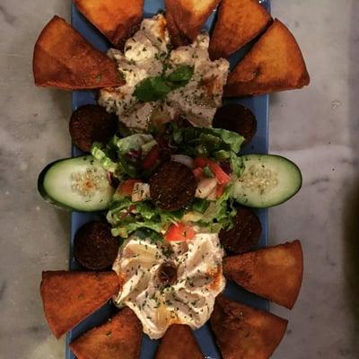 Vegetarian sampler at Lamoza  Hummus, baba, falafel, salad and pita chips