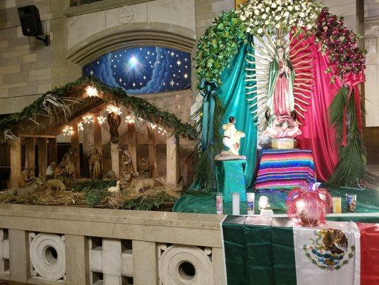 Mary and the manger scene all decked out for Christmas