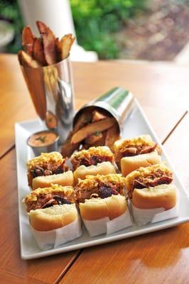 Pulled Pork Sliders with Pimento Cheese and Cracklin' ;  served with Potato Wedges