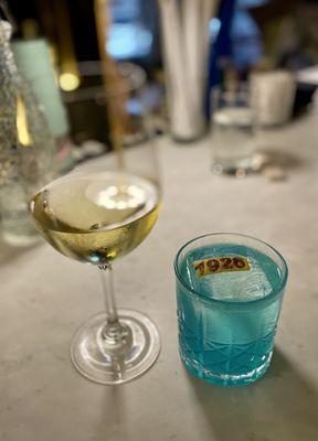 Quality glass of Falanghina ($14) and a "1926" cocktail with Blue Curacao and tequila.