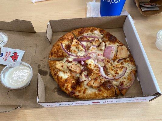 Personal pizza-lunch special--w/white sauce, chicken, bacon and onion