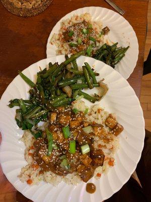 Orange-Miso Tofu with rice with carrots, sautéed green beans and chard, and peanut sauce (vegan)