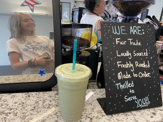 Iced matcha latte with oatmilk