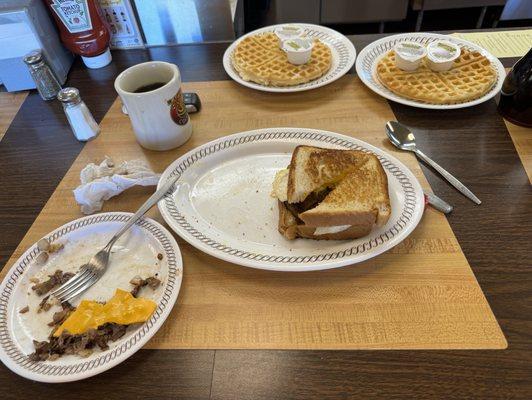 Cheesesteak Melt Hashbrown Bowl, waffle, Sausage Egg & Cheese Sandwich