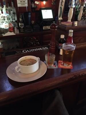 Pint of Stella with Jack Daniel's Tennessee Honey on the rocks. Chicken soup was delicious