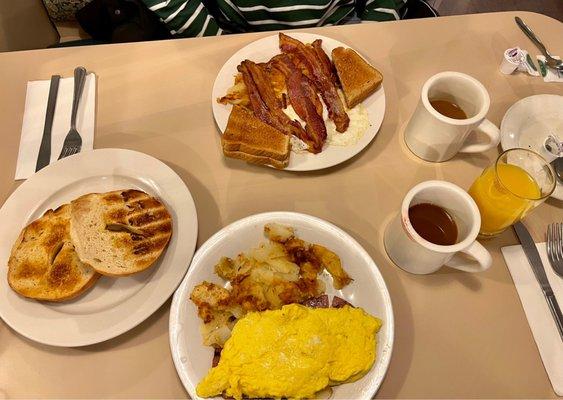 Bagel, Eggs/potatoes/Taylor ham, bacon/eggs/toast/potatoes, and coffee/orange juice