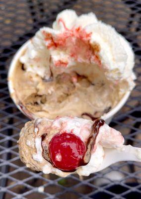 2 scoop sundae - coffee Oreo on top of salted caramel pretzel with hot fudge, whipped cream and a cherry, $6.50 June 2021