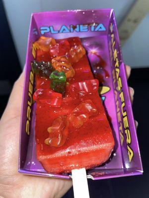 Strawberry Watermelon paleta with chamoy and gummy bears