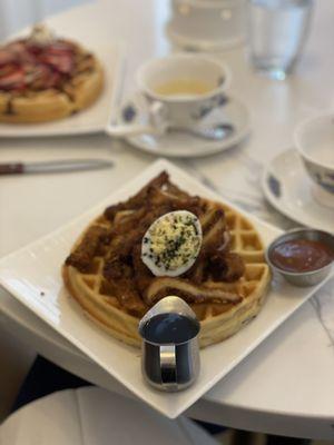 Chicken katsu-like on waffle with deviled eggs