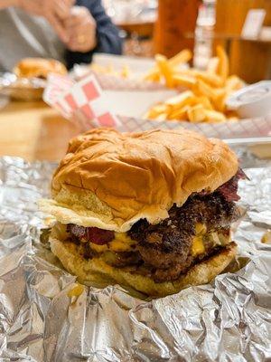 Double Pastrami Burger (plain, but with grilled onions)--you can pick your toppings.