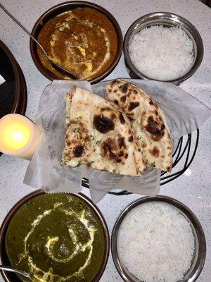 Butter chicken, spinach chicken, garlic naan