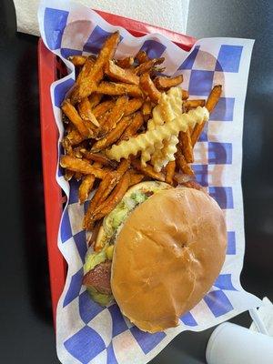 Bacon cheese burger with fries