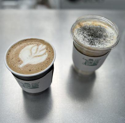 Hojicha latte and black sesame latte (iced only) with oat milk