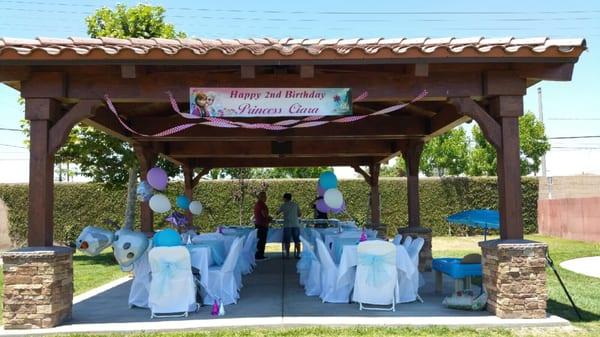 Tables, chairs, chair covers, bows and linens provided by ABC party rentals.