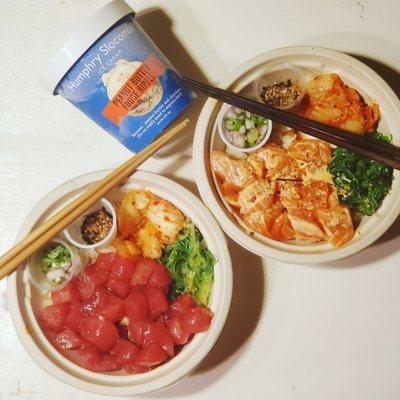 Tuna and salmon poke bowls with a pint of Humphrey Slocombe ice cream.