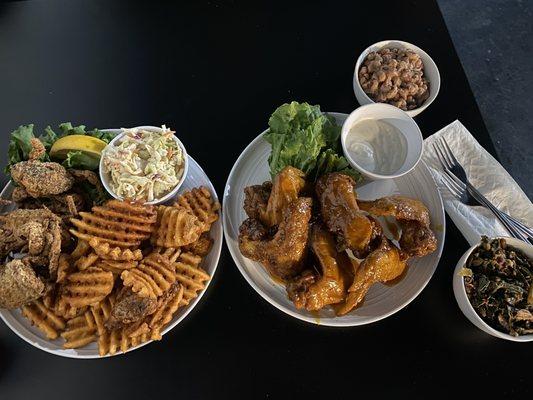 Soft shell crab, Hennessy wings, Collard greens, Black Eyed Peas!