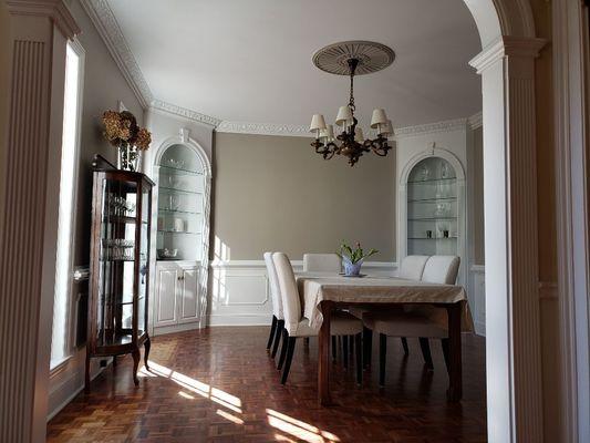 Ceiling was RED all trim & built-ins yellowish 
  Now everything is modern yet classic.