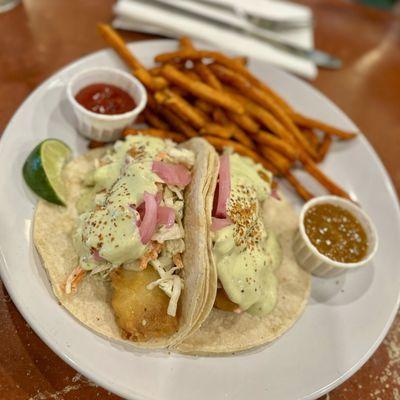 Fav Fav Fav! Fish Tacos (cod) with sweet potato fries and hot sauce (far right) Fav Fav Fav!