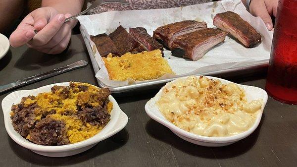 Ribs, Mac n cheese, mashed sweet potatoes