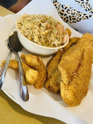 Fried Catfish, Fried Shrimp, and Shrimp Fried Rice