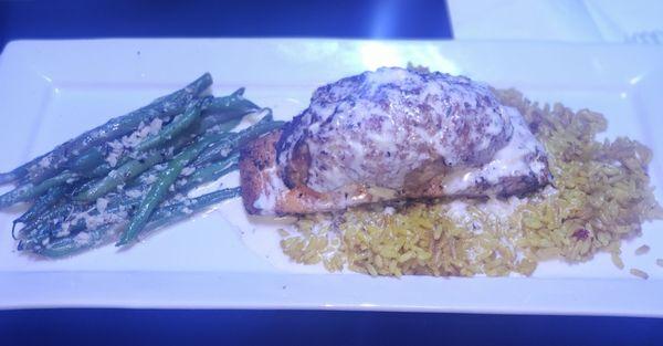 Salmon with stuffed crab and green beans over rice