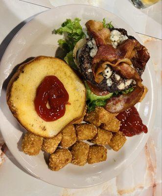 Bacon blue cheese burger with tots